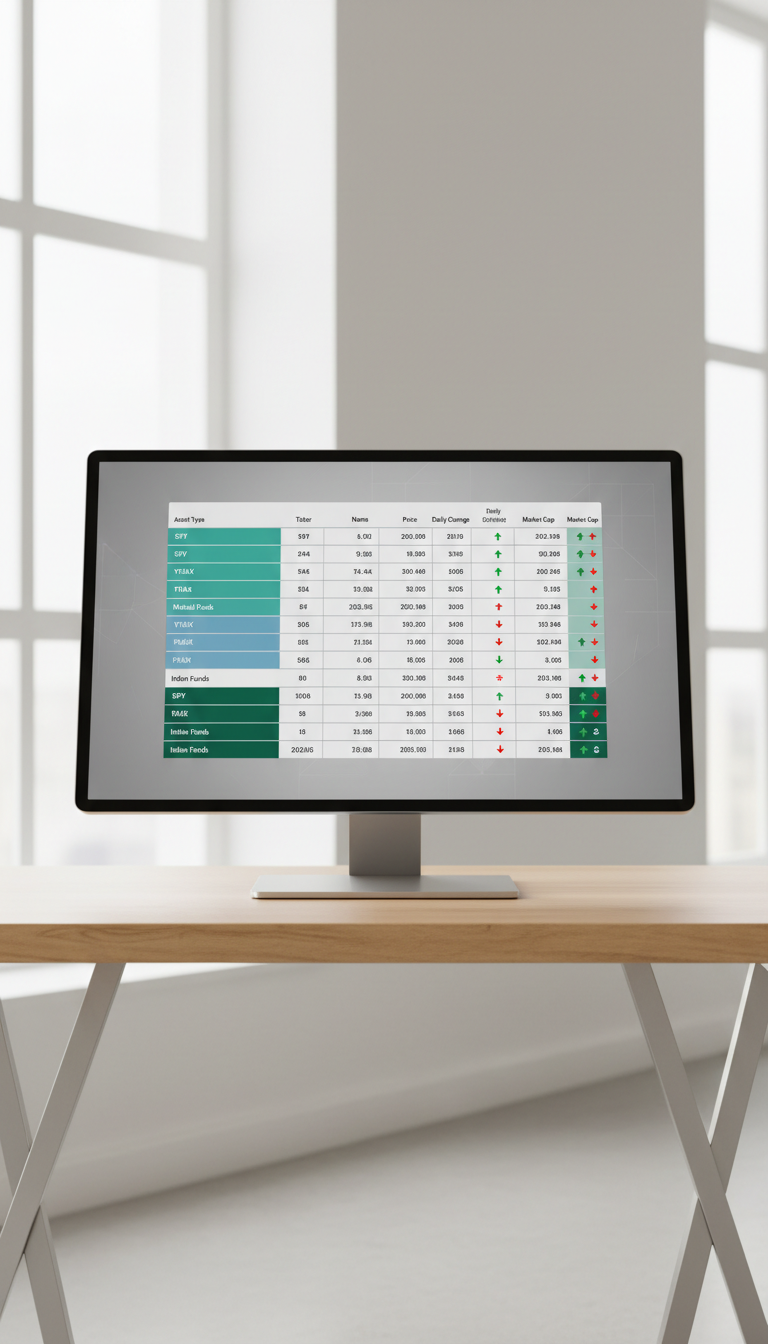 A sleek, contemporary digital dashboard interface displayed on an ultra-thin, frameless monitor with a subtle matte finish. The screen shows an organized, color-coded table of ETF, Mutual Fund, and Index Fund real-time prices against a background of soft neutral grays and off-whites. The monitor stands on a clean, light wood desk with geometric metal supports. Cool, diffused daylight from a nearby window casts elegant, even illumination across the scene, minimizing shadows and reflections. The mood is professional and focused, with a corporate, structured aesthetic. The composition is eye-level and centered, emphasizing clarity and order in the technology-driven workspace. The photographic realism and clean lines reinforce the modern, trustworthy atmosphere ideal for a financial tracking site.
